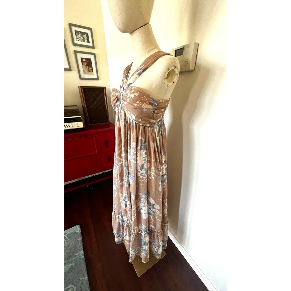 PURPOSE + PASSION Boutique Beige Floral Bandeau Halter Ruffled Maxi Dress Sz S - Picture 4 of 15